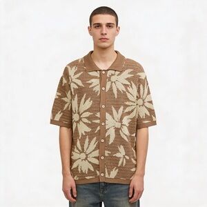 MASSIVE LUXURY Short Sleeve Button Down Knit Sweater Tropical Print Size L NEW